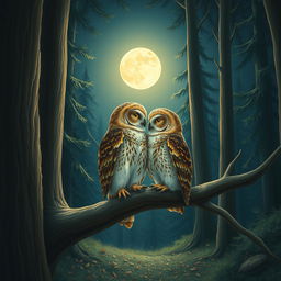 A realistic scene in a tranquil forest illuminated by a bright full moon, featuring two owls nestled closely together on a sturdy branch