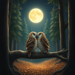 A realistic scene in a tranquil forest illuminated by a bright full moon, featuring two owls nestled closely together on a sturdy branch