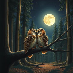 A realistic scene in a tranquil forest illuminated by a bright full moon, featuring two owls nestled closely together on a sturdy branch