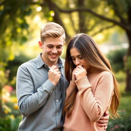 A cute guy with an affectionate smile is observing his girlfriend as she coughs lightly into her fist