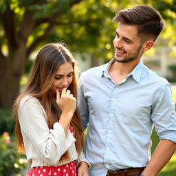 A cute guy with an affectionate smile is observing his girlfriend as she coughs lightly into her fist