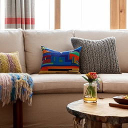 Create an image of a comfortable beige-grey sofa adorned with colorful throw pillows next to a rustic wooden tea table