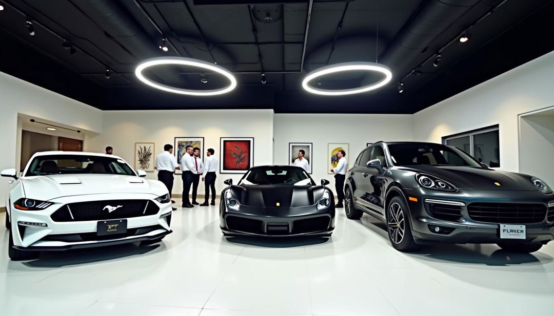 An indoor car dealership featuring a sleek black ceiling adorned with two bright ring-shaped lights that illuminate the space effectively