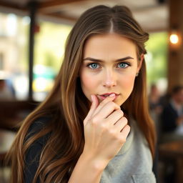 A young woman with long, flowing brown hair and striking blue eyes is depicted coughing lightly into her fist