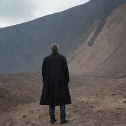 A dramatic scene of a man wearing a black coat standing in front of a ongoing landslide, evoking a sense of danger and anticipation.