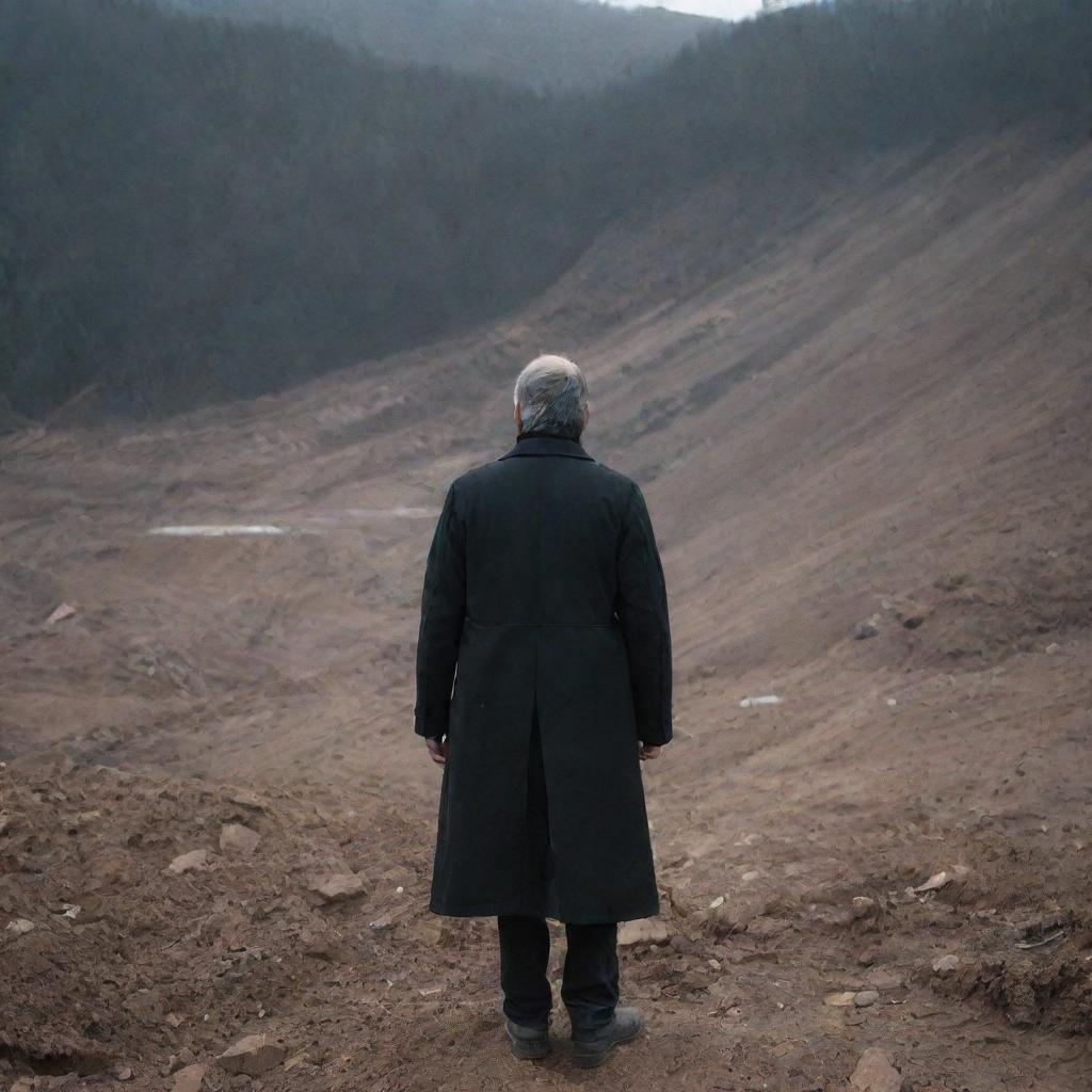 A dramatic scene of a man wearing a black coat standing in front of a ongoing landslide, evoking a sense of danger and anticipation.