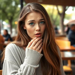 A young woman with long, flowing brown hair and captivating blue eyes is depicted mid-cough, expressing a moment of surprise and slight discomfort