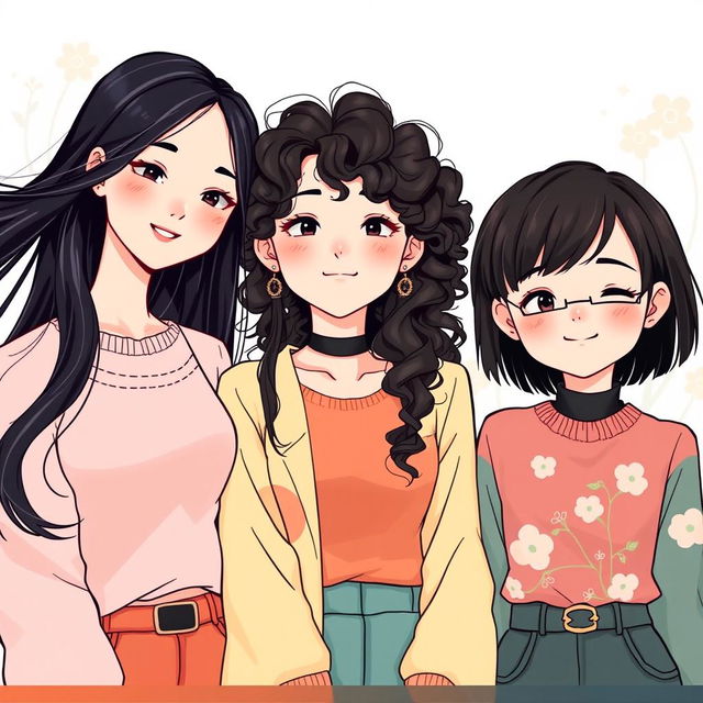 An illustration featuring three beautiful Korean women with fair skin, showcasing their unique hairstyles in a full-body perspective