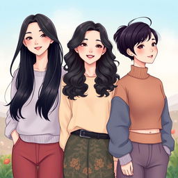 An illustration featuring three beautiful Korean women with fair skin, showcasing their unique hairstyles in a full-body perspective