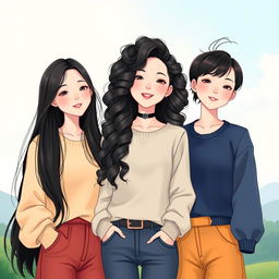 An illustration featuring three beautiful Korean women with fair skin, showcasing their unique hairstyles in a full-body perspective