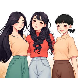 An illustration featuring three beautiful Korean women with fair skin, showcasing their unique hairstyles in a full-body perspective