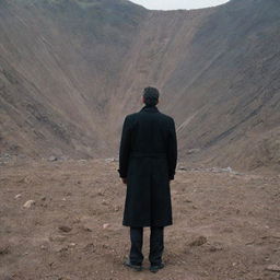 A dramatic scene of a man wearing a black coat standing in front of a ongoing landslide, evoking a sense of danger and anticipation.