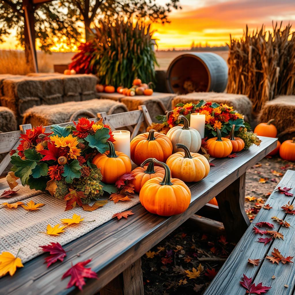 A cozy autumn scene featuring beautifully arranged fall decorations