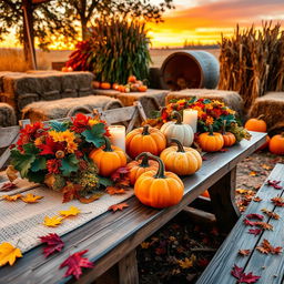 A cozy autumn scene featuring beautifully arranged fall decorations