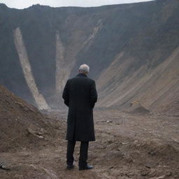 A dramatic scene of a man wearing a black coat standing in front of a ongoing landslide, evoking a sense of danger and anticipation.