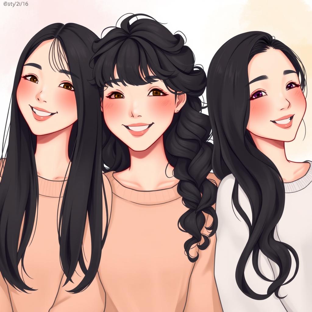 Three beautiful women with fair skin, each showcasing a distinct hairstyle: one with long straight hair, another with long curly hair, and the last with short hair, all in shades of black