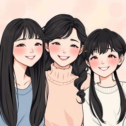 Three beautiful women with fair skin, each showcasing a distinct hairstyle: one with long straight hair, another with long curly hair, and the last with short hair, all in shades of black