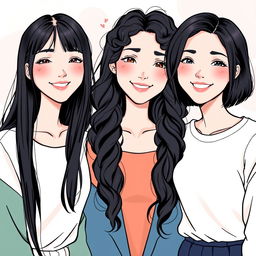 Three beautiful women with fair skin, each showcasing a distinct hairstyle: one with long straight hair, another with long curly hair, and the last with short hair, all in shades of black