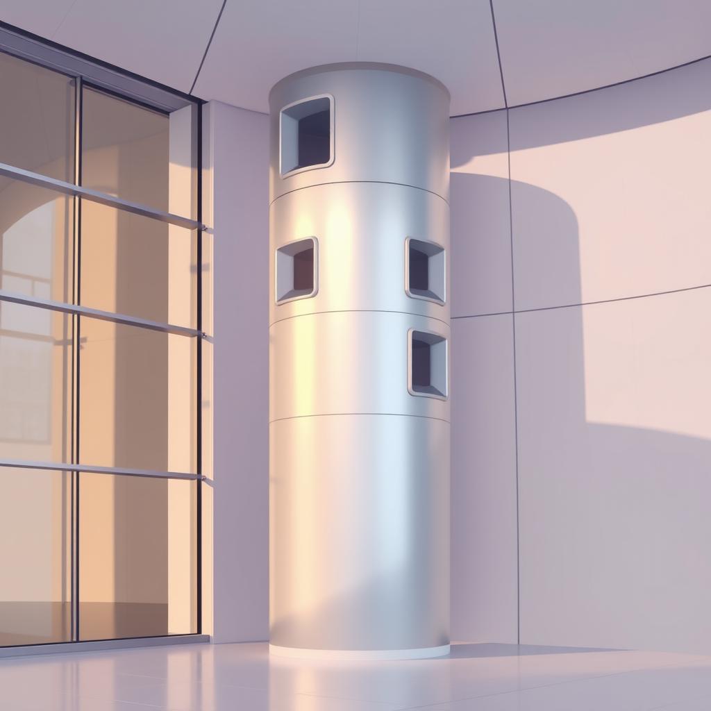 A 2D illustration of a sleek, cylindrical metallic column located near large glass windows and close to curved walls