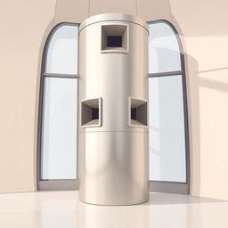 A 2D illustration of a sleek, cylindrical metallic column located near large glass windows and close to curved walls