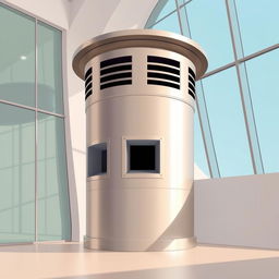 A 2D illustration of a sleek, cylindrical metallic column located near large glass windows and close to curved walls