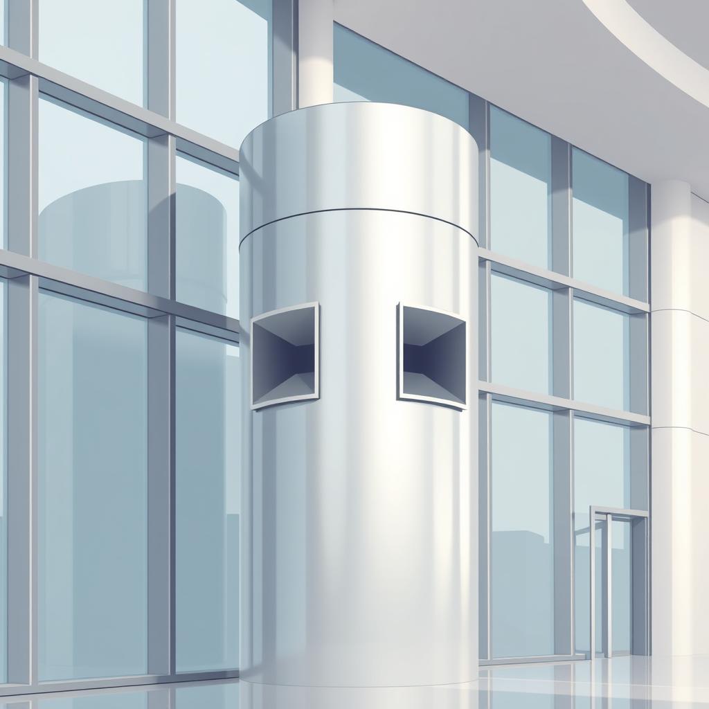 A 2D illustration of a sleek, cylindrical metallic column located near large glass windows and close to curved walls