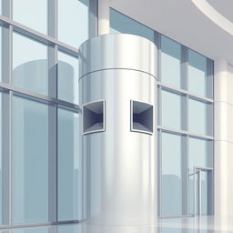 A 2D illustration of a sleek, cylindrical metallic column located near large glass windows and close to curved walls