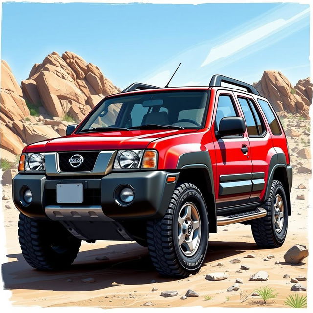 An artistic depiction of a 1999 Nissan Terrano 2, creatively designed with the body of a Nissan Xterra, featuring the front headlights from the Terrano 2 R20 model