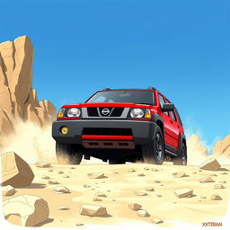 An artistic depiction of a 1999 Nissan Terrano 2, creatively designed with the body of a Nissan Xterra, featuring the front headlights from the Terrano 2 R20 model