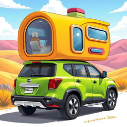 A vibrant and imaginative illustration featuring a Nissan Terrano 2, redesigned with the body style of a Nissan Xterra, now equipped with a whimsical capsule house mounted on its back