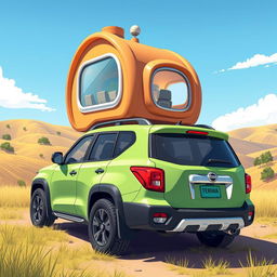 A vibrant and imaginative illustration featuring a Nissan Terrano 2, redesigned with the body style of a Nissan Xterra, now equipped with a whimsical capsule house mounted on its back