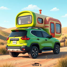 A vibrant and imaginative illustration featuring a Nissan Terrano 2, redesigned with the body style of a Nissan Xterra, now equipped with a whimsical capsule house mounted on its back