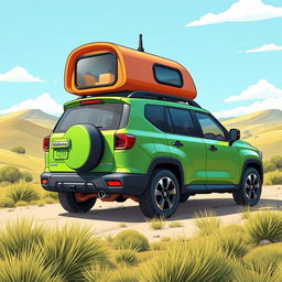 A vibrant and imaginative illustration featuring a Nissan Terrano 2, redesigned with the body style of a Nissan Xterra, now equipped with a whimsical capsule house mounted on its back