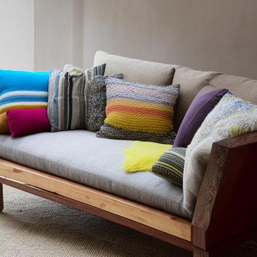 Create an image of a comfortable beige-grey sofa adorned with colorful throw pillows next to a rustic wooden tea table