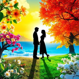 A harmonious blend of the four seasons, with vibrant spring flowers, sunny summer beaches, colorful autumn leaves, and snowy winter landscapes merging seamlessly together