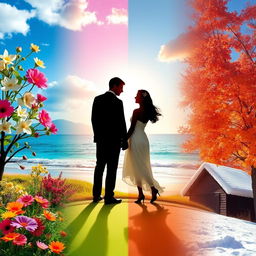 A harmonious blend of the four seasons, with vibrant spring flowers, sunny summer beaches, colorful autumn leaves, and snowy winter landscapes merging seamlessly together