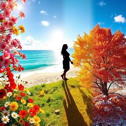 A harmonious blend of the four seasons, with vibrant spring flowers, sunny summer beaches, colorful autumn leaves, and snowy winter landscapes merging seamlessly together