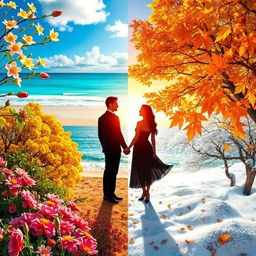 A harmonious blend of the four seasons, with vibrant spring flowers, sunny summer beaches, colorful autumn leaves, and snowy winter landscapes merging seamlessly together