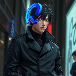 A character wearing a sleek black jacket, with a prominent blue letter 'Q' embellished on their head