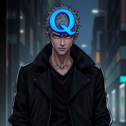 A character wearing a sleek black jacket, with a prominent blue letter 'Q' embellished on their head