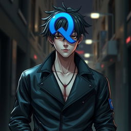 A character wearing a sleek black jacket, with a prominent blue letter 'Q' embellished on their head