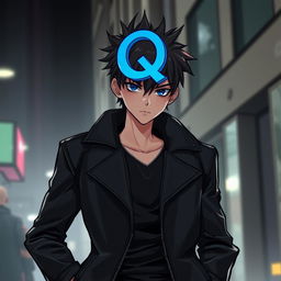 A character wearing a sleek black jacket, with a prominent blue letter 'Q' embellished on their head