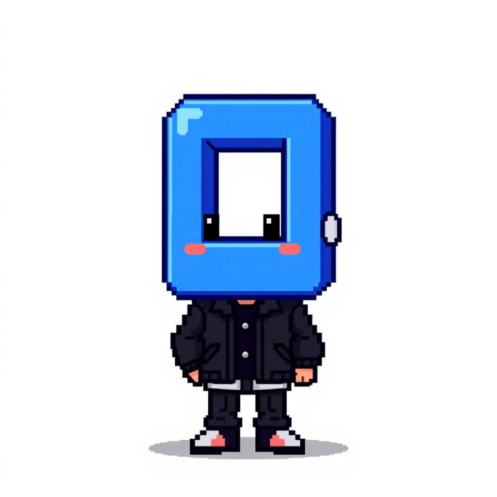 A pixel art character wearing a stylish black jacket, with their head designed as a large blue letter 'Q'