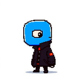 A pixel art character wearing a stylish black jacket, with their head designed as a large blue letter 'Q'