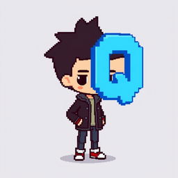 A pixel art character wearing a stylish black jacket, with their head designed as a large blue letter 'Q'