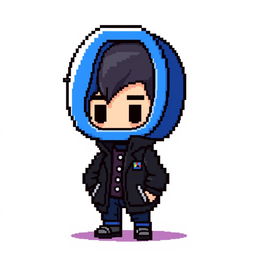 A pixel art character wearing a stylish black jacket, with their head designed as a large blue letter 'Q'