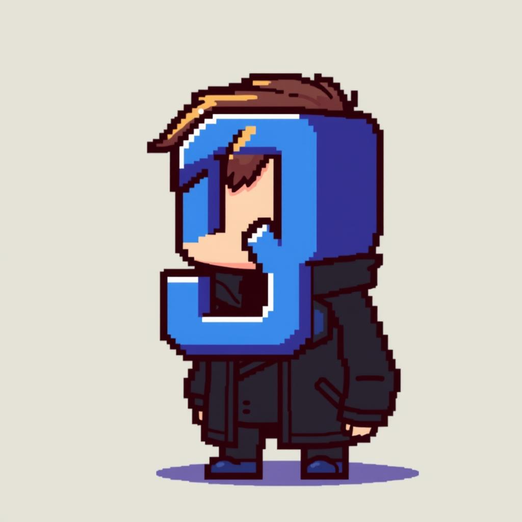 A pixel art character featuring a stylish black jacket and a large blue letter 'Q' for a head, completely void of eyes