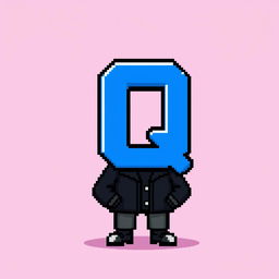 A pixel art character featuring a stylish black jacket and a large blue letter 'Q' for a head, completely void of eyes