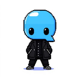 A pixel art character featuring a stylish black jacket and a large blue letter 'Q' for a head, completely void of eyes