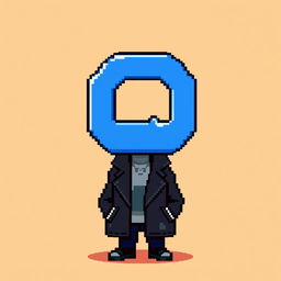 A pixel art character featuring a stylish black jacket and a large blue letter 'Q' for a head, completely void of eyes